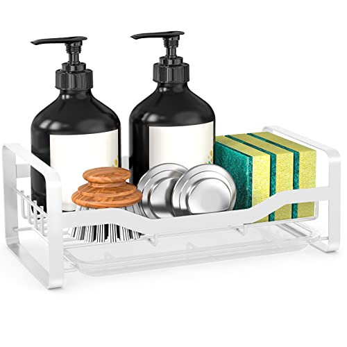 Kontoyo Kitchen Sink Caddy Sponge Holder,Sponge Holder for Kitchen Sink,Kitchen Sink Organizer for Soap Brush Dispenser,Countertop Sink Caddy Organizer with Removable Drain Tray, White