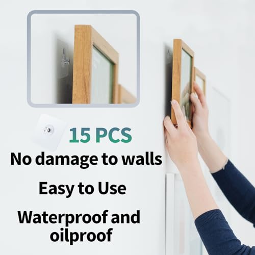 15 Pack No Drill Picture Hangers Without Nails 22lb Heavy Duty Sticky Hooks -Transparent Waterproof Wall Hangers, Removable Without Damage for Pictures/Shelves on Smooth Surfaces