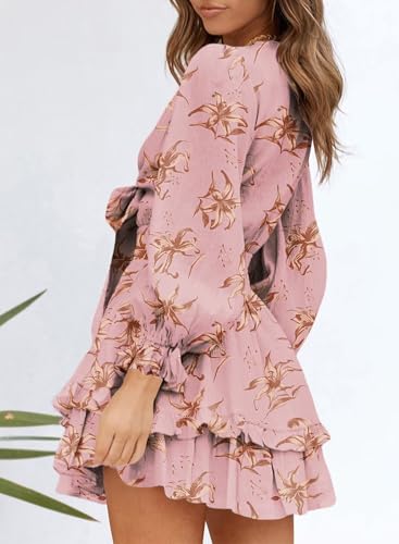 Image of Dokotoo Womens Casual Spring Fall 2025 Deep V Neck Knotted Tiered Chiffon Elegant Mini Short Swing Skater Dresses
