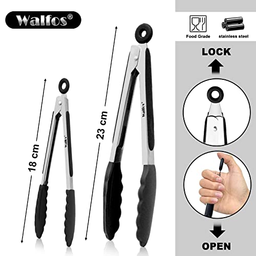 Kitchen Tongs - Walfos Silicone Tongs, Kitchen Tong,Thickened Stainless Steel and BPA Free Silicone Tips, Non Scratch, Great for Cooking, Turning, Serving Tongs, 18cm/ 23cm Food Tongs - Black