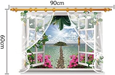 3D Window View Scenery Wall Sticker Mural Art Decal for Home Decor Ocean Beach View with Curtain, Sea Beach Stone Path - Image 3