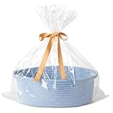 Kodomoore Gift Basket with Wrap Bag and Ribbon, Empty Small Woven Basket for Gift, Cute Decorative Gift Organizer for Baby Showers, Raffle, Valentine‘s, Easter and Mum – 12"x8"x5", Light Blue