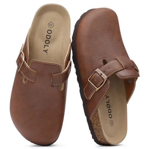 ODOLY Unisex Vegan Leather Clogs Womens Mens Cork Footbed Mules Slip on Potato Shoes with Arch Support Habana Size 39