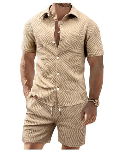 GORGLITTER Men's 2 Piece Summer Beach Outfits Waffle Knit Short Sleeve Button Down Shirt Top and Shorts Set