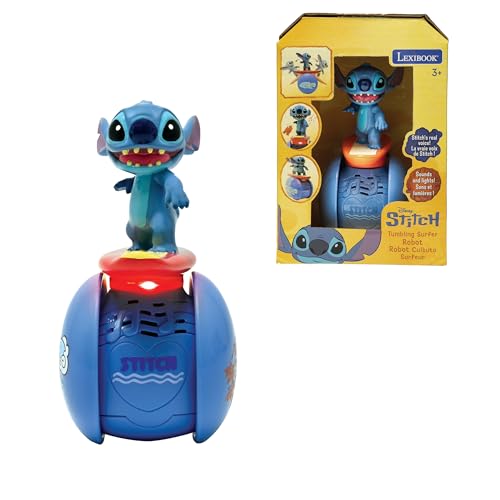 LEXIBOOK, Disney Stitch, El Robot Interactivo Stitch Surfista – Equilibrio Permanente, Efectos de Luz y Sonido, Juguete Portátil con Sensores Reactivos, Azul, ROB01D