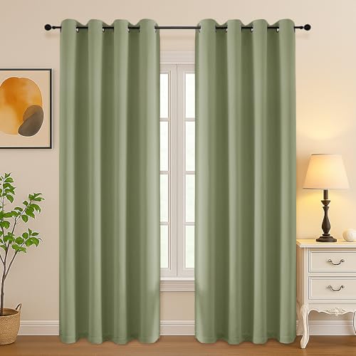 Image of Simplebrand Sage Green Room Darkening Curtains for Bedroom Living Room 84 Inch Length 2 Panels Set, Thermal Insulated Curtains & Drapes, Solid Grommet Noise Reducing Window Treatment, W50 x L84 Inch
