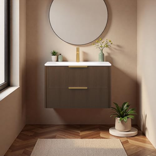 Image of 30 inch Wall-Mounted Bathroom Vanity Cabinet with Sink, Walnut