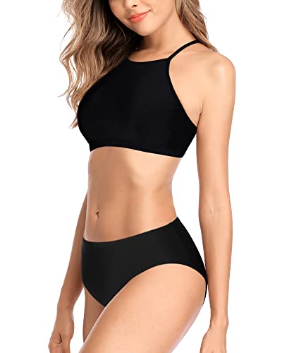 Charmleaks Black Swimwear 2 Piece Women Halter Bikini Swimsuit Crop Bathing Suits S #TOP6