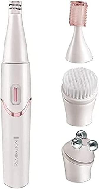 Remington zestaw do pielęgnacji twarzy: depilator, szczoteczka do mycia, kolba do masażu i mini trymer, do 4 tyg. bez owłosienia, przycina włosy do 0,5mm, baterie AA, biała/różowa, Smooth&Silky EP7070