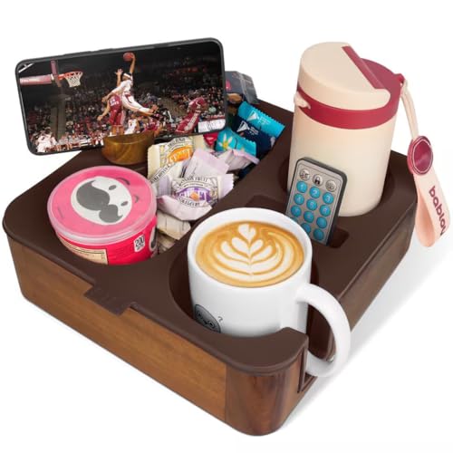 Couch Buddy Couch Cup Holder Tray, Real Acacia Wooden Caddy with Soft Silicone, Snack and Drink Organizer- Perfect Movie Night Accessories for Bed, Remote and Cup Holders for Sofa (Coffee)