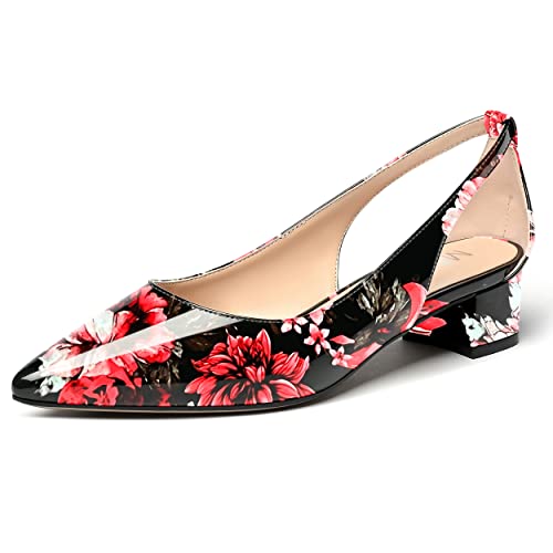 MERRORI Women's Slip On Patent Pointed Toe Solid Block Chunky Low Heel Pumps Shoes 1.5 Inch