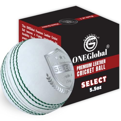 ONEGlobal Select Leather Cricket Ball for Match Practice & Training | Senior 5.5oz & Junior 4.75oz Genuine Leather Hard Cricket Balls in Red White Pink or Red&White (1-WHITE Senior)