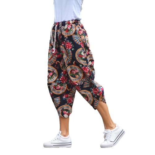 Women's Baggy Linen Capri Wide Leg Pants Summer Boho Floral Printed Vintage Casual Elastic Waist Harem Pants