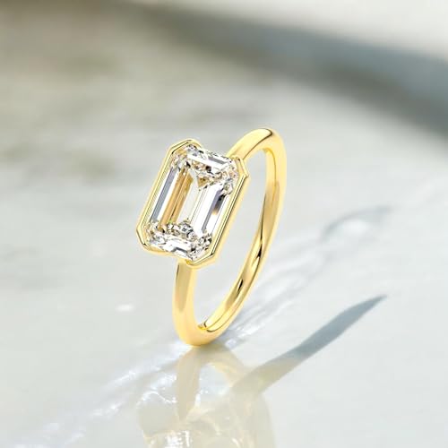 2ct Emerald Cut Moissanite Engagement Ring Yellow Gold Solitaire Wedding Ring Half Bezel Set Modern Bridal Promise Gift for Her2