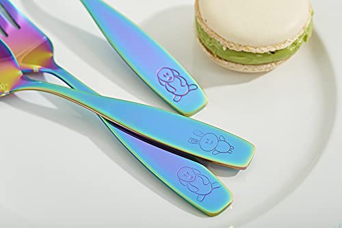 Annova Kids Silverware Children's Safe Flatware Set Stainless Steel - Children Forks, Children Tablespoons, Toddler Utensils, Metal Cutlery Set For Lunchbox (Engraved Dog Bunny) (Uv Rainbow, 6 Pieces) #TOP6