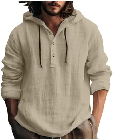 Mens Cotton Linen Hoodies Long Sleeve Button Down Lightweight Shirts Casual Yoga Trendy Fall Comfortable Soft Sweatshirts