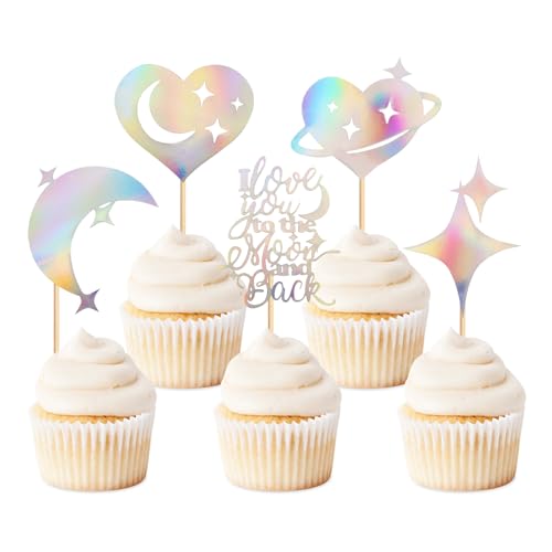 Keaziu 25 Pack Valentine's Cupcake Toppers Silver Moon Star Cupcake Picks I Love You to the Moon and Back for Wedding Bridal Shower Sweet Love Theme Party Cake Decoration Silver Star