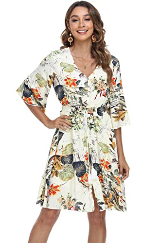 Image of VintageClothing Women's Floral Sundresses Flowy Boho Summer Beach Dress | Lightweight Breathable material,Elegant V Neck and Button Front Design,Flared Bell Sleeve Cut,Mini Casual dress