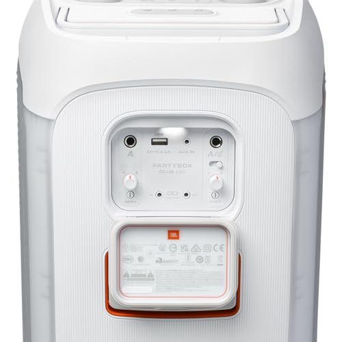Image of JBL PartyBox Club 120 - Portable Party Speaker with Foldable Handle, Powerful Pro Sound, Futuristic lightshow, Up to 12 Hours of Play time, Splash Proof, Dual Mic & Guitar Inputs (White)
