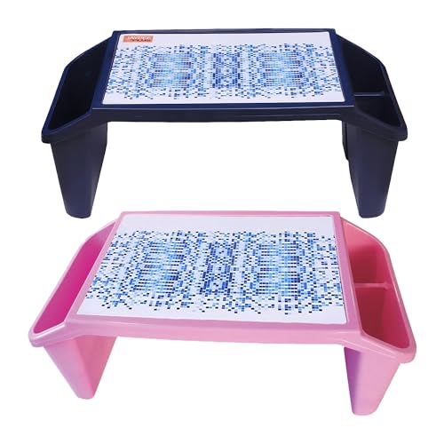 JMS we create smile Set of 2 - Plastic Activity Tray Portable Laptop Desk - Large Lap Table Multipurpose Travel Tray for Girls & boys (Pink + Blue)