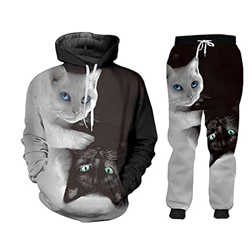 Sweat à capuche motif chat et pantalon assorti ensemble bicolore résistant HSPA01510