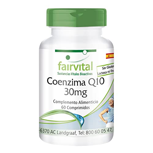 fairvital Coenzima Q10 30mg, 60 comprimidos, fáciles de tragar, CoQ10 ubiquinona, VEGANO