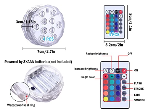 Lumière Submersible de LED, Hitopin Lampes sous-Marines LED Éclairage Submersible Multi-Couleur avec télécommande Étanche IP68 pour Piscine/Décorations//Fête Lot de 4 – vue 9