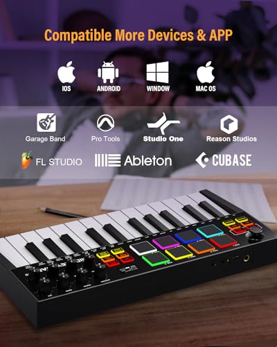 OYAYO MIDI Keyboard Controller, 25 Key Rechargeable MIDI Keyboard with 8 Backlit Drum Pads, 8 Knobs, OLED Display, DAW Integration, MIDI Controller for Music Production