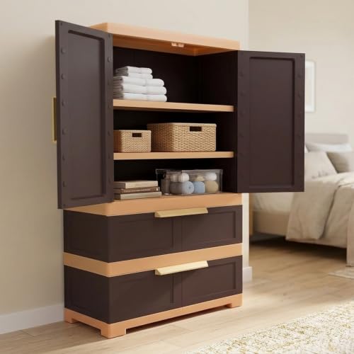 Image of Nilkamal Freedom FMDR2BE Plastic Wardrobe for Storage |3-Year Warranty|Clothes Cupboard with Shelves & Utility Drawers|Almirah for Home, Living Room, Bed Room|Adults & Kids|Weather Brown /Biscuit