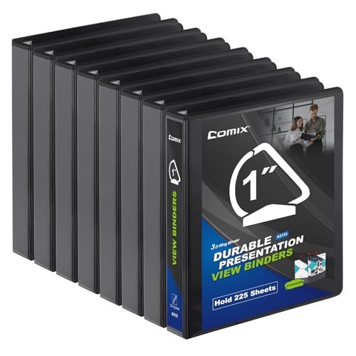 Comix Sturdy 3-Ring-Binder 1-inch D Ring Binders, 2.4mm-Thick, Hold 225 Sheets of 8.5" x 11" Paper, 8 Pack (Black)