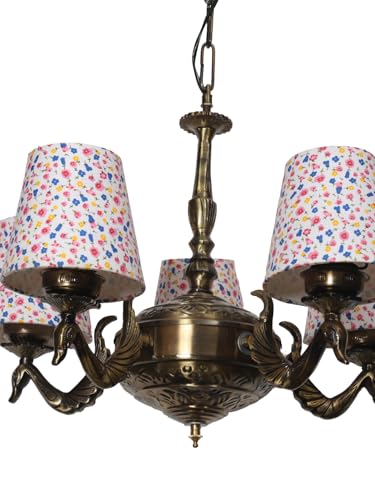 Image of Devansh 05-Light Printed Conical Multicolor Cotton Shade Chandelier - Antique Golden Finish | Adjustable Cord | Warm Glow Lamp - Ceiling Light for Living Room, Dining Area, BedroomDecor - D3