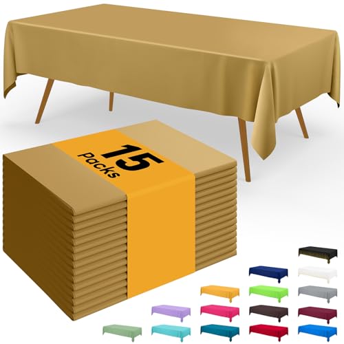 Image of Smiry Disposable Table Cloth - 15 Pack, 54 x 108 Inch Waterproof Rectangle Tablecloths for Parties, Decorative Plastic Table Cover, Leakproof & Sturdy, Gold