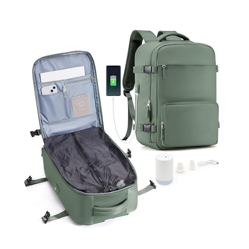 suradar Vacuum Travel Backpack with Pump Vacuum Compression Seal Vacpack Air Backpacks Laptop Backpack for Women Men Carry on Backpacks Personal Item Travel Bag Luggage Flight Approved Dark Green