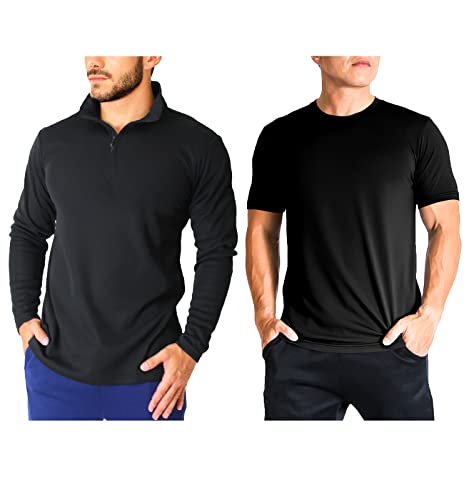 Xl Size, Men's Brushed Lined Long Sleeve Shirt & Quick Dry Short Sleeve Tshirt, Black #TOP7