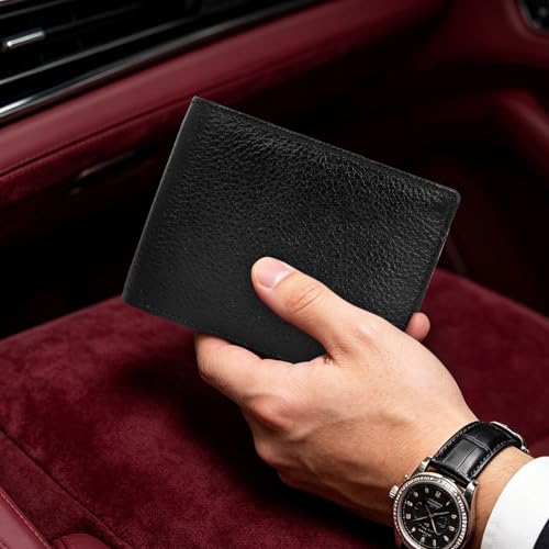 Image of 100% Full Grain Nautral Genuine Pure Original Buff Leather Purse Wallet for Man Mens with Coin Pockets Bifold. 6 Card Slots, 2 Currency Slots, 1 ID Window & 2 Hidden Pockets (Black)
