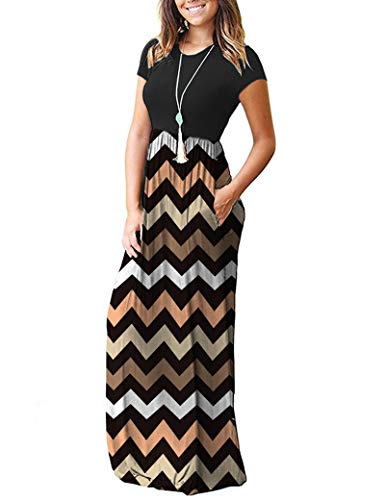 AUSELILY Damen Kurzarm Sommer Casual Long Maxi Kleider mit Taschen Gestreift Schwarz L 3