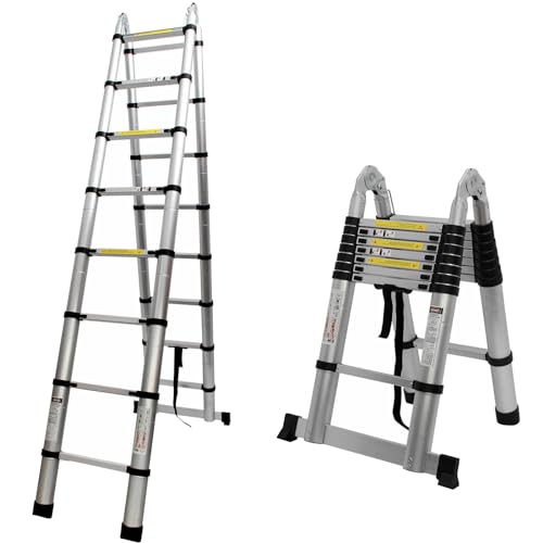 Escalera telescópica Plegable de 2,5 m + 2,5 m, Marco A, 8+8 peldaños, de Aluminio, Extensible, portátil, Extensible, Escalera, Antideslizante, 150 kg, Capacidad de Carga EN131
