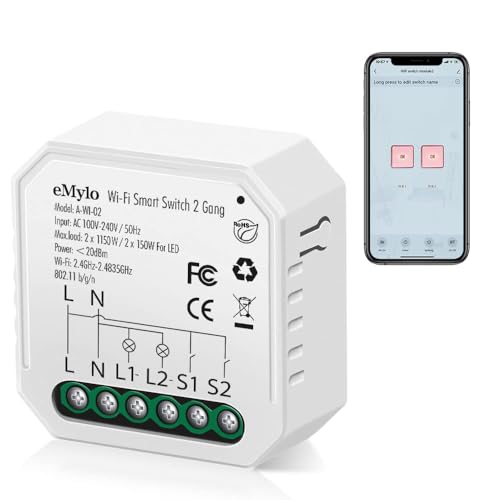 eMylo Mini Smart Wifi Relè Interruttore Telecomando Senza Fili Interruttore Della Luce Wifi AC 220V 2 Gang Incorporato Modulo Relè 10A Timer Fai Da Te Controllo Vocale con Alexa Echo