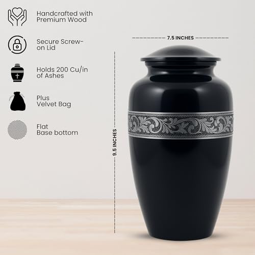 Image of Silver Engraved Aluminium Cremation Urn for Human Ashes Adult - Handcrafted Funeral Memorial Ash Storage Urn - Bag Included (Black, 6.5 inch x 6.5 inch x 10.5 inch - 200lbs or 91kg)