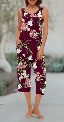 Image of Findsweet Women Pajamas Sets Loungewear Soft Sleepwear Two Piece Summer Sleeveless Pjs Tank Top Pants with Pocket S-4XL