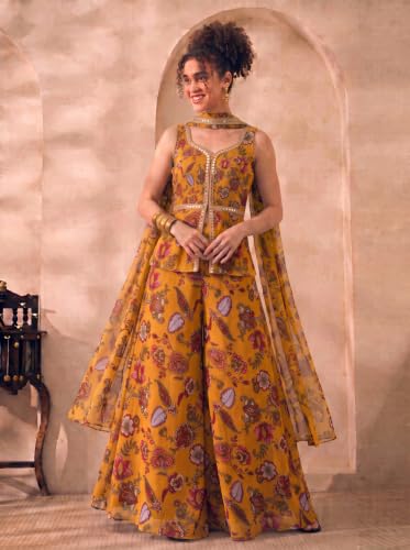 Image of DEEBACO Paisley Chiffon Corset Top With Palazzo & Dupatta Fusion Co-Ord Set For Women's | Lace Work Scoop Neck Sleeveless Fit & Flared Indo Western 3 Pieces Set Festive Casual Wear Outifit (Yellow)