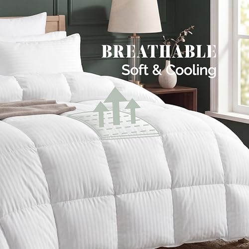 Image of Elegant Comfort 3-Piece Stripe Cotton Comforter Set - 100% Egyptian Cotton Premium Hotel Quality - Box Stitched, All Season Down Alternative Duvet Insert with Corner Tabs, Queen, White