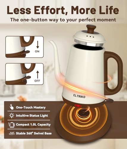 Image of Gooseneck Electric Kettle for Pour Over Coffee & Tea (White) | 1000W Fast Heating, 1L Capacity, Food-Grade Stainless Steel, Auto Shut Off, Boil Dry Protection, BPA-Free