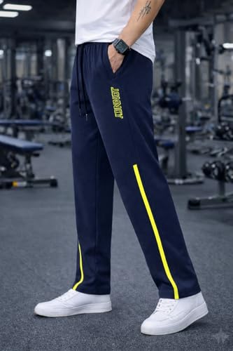 Image of Mack Jonney Men's Track Pants with Neon Yellow Side Stripe | Regular Fit Gym & Sports Lower | Activewear Training Joggers with Drawstring-M7961