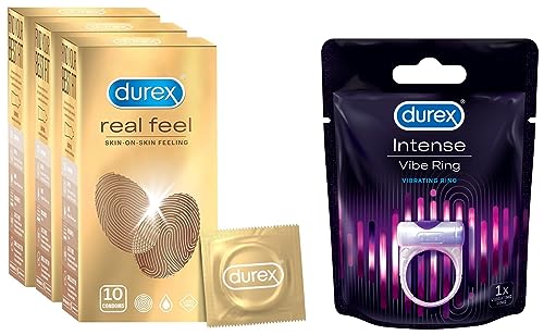 Image of Durex Real Feel Condoms for Men - 10 Count (Pack of 3)| Latex Free & Durex Intense Vibe Ring for Extra Pleasure for Men & Women | Compatible with Condoms & Lubes
