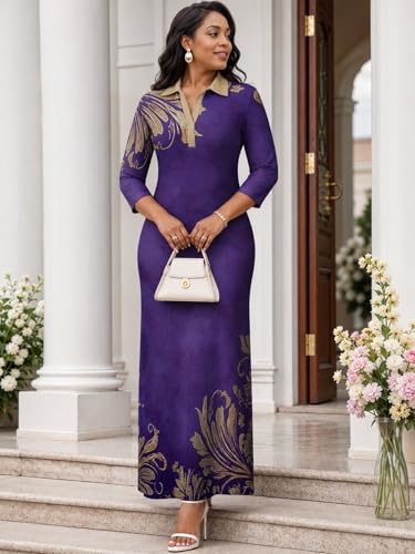 Image of PinkPatty Women's Casual 3 /4 Sleeve Polo V Neck Bodycon Maxi Dress