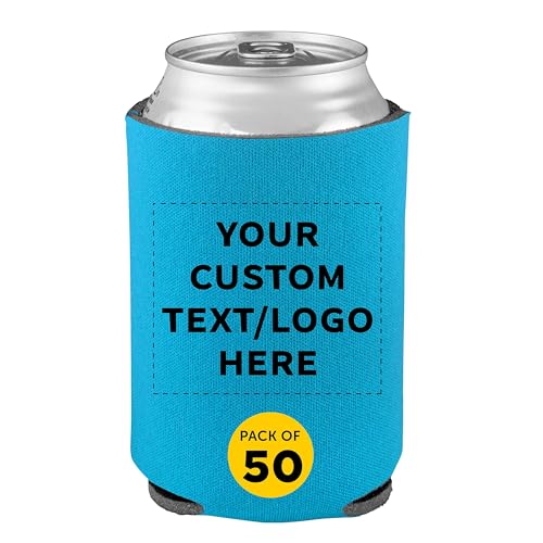 DISCOUNT PROMOS Custom Collapsible Beer Can Coolers 4mm Set of 50, Personalized Bulk Pack - Great for Beer, Soda, Other Beverages - Neon Blue