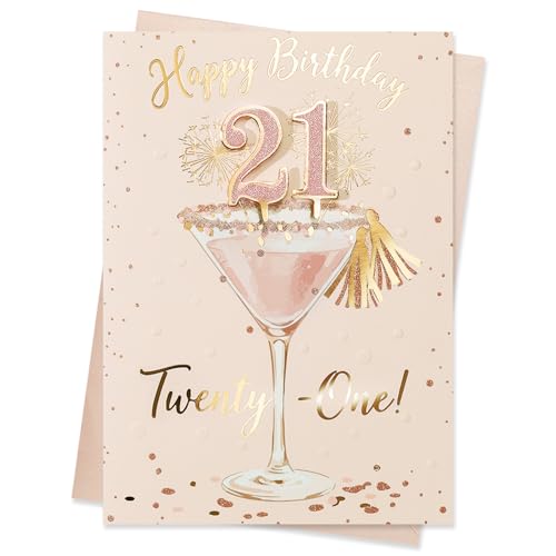 BIOBROWN 21st Birthday Card - Happy 21st Birthday Card for Her, 21 Year Old Greeting Card Gift with Elegant Glitter Cocktail Glass Design for Girl, Daughter, Sister, Friend