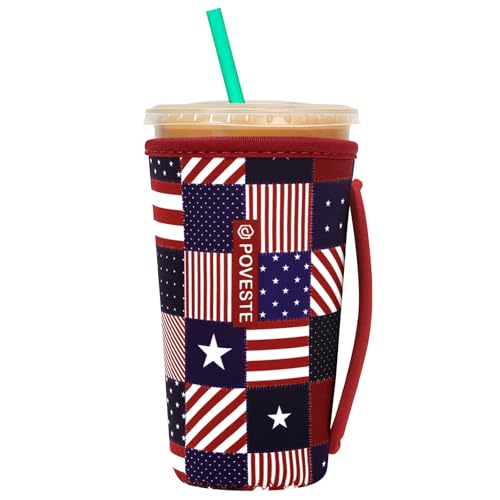 Image of Reusable Neoprene Insulator Sleeve for Iced Coffee & Cold Soda, Coffee Sleeves for Iced & Hot Drinks, Cold Beverage Cooler Compatible with Starbucks, Dunkin (Patriotic Flags, Large: 32oz)