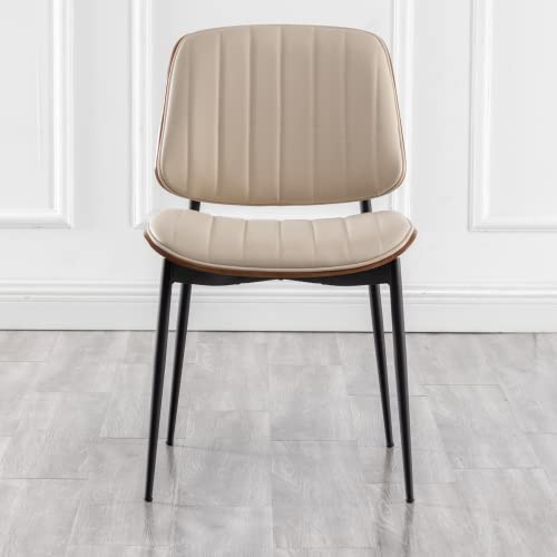 Lunling Dining Chairs Set Of 2 Mid Century Modern Retro Faux Leather Chair With Walnut Bentwood Upholstered Seat Metal Legs Adjustable Foot For Kitchen Dining Room Chairs(Beige) #TOP2
